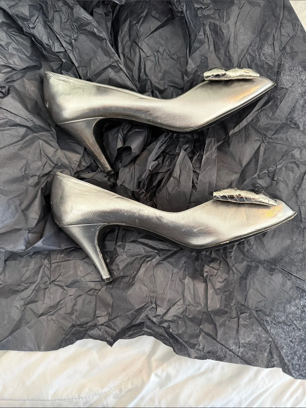 Bruno Magli Metallic Silver Bow Peep-Toe Heels